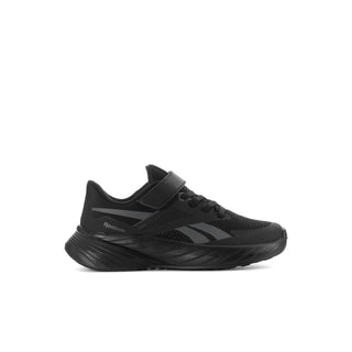 Kids black running shoes with hook-and-loop strap and lace-up front