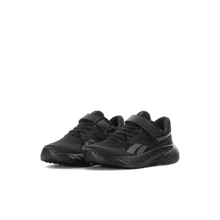 Kids black running shoe, side view with textured upper and slip-on strap