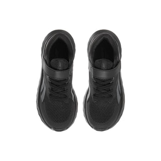Kids black running shoes, top opening and lace detail with padded collar