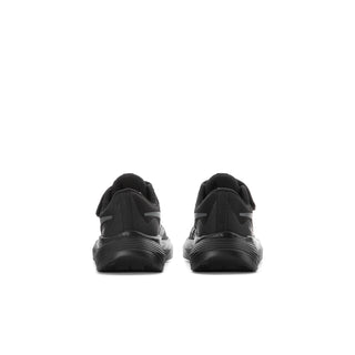Kids black running shoes, heel view with cushioned back and branding panel