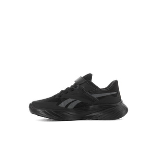 Kids black running shoe, angled side view with reinforced toe and sporty logo