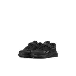 Toddler black lace-up running shoes, side view, mesh upper and textured sole
