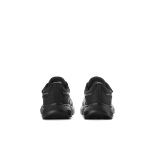 Toddler black running shoes, rear view, padded heel and lace-up closure