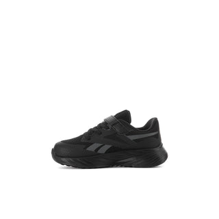 Toddler black lace-up running shoe, side profile with logo accents