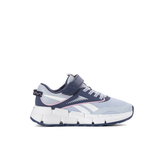 Kids light blue mesh sneakers with navy straps and purple accents