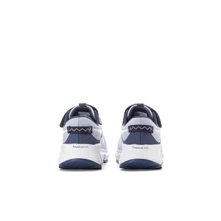 Kids light blue sneakers with navy heel counter and zigzag pull tab