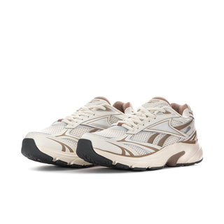 Women’s lace-up running sneakers, off-white upper with gray trim and dark rubber sole