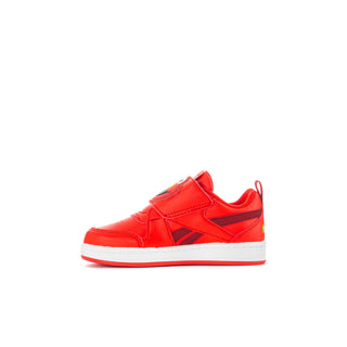 Red toddler sneaker with white midsole, hook-and-loop strap and black side detail