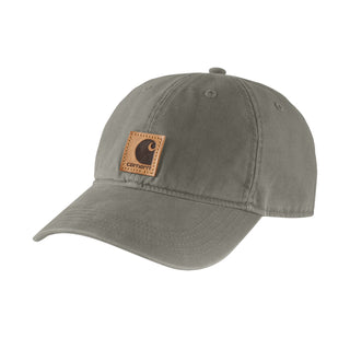 Dusty olive canvas dad cap with Carhartt leather patch and curved brim
