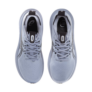 Men's running shoes, pair view, light blue knit upper with lace-up and cushioned tongue