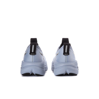 Men's running shoes, heel view, light blue with rear pull tab and dark outsole details