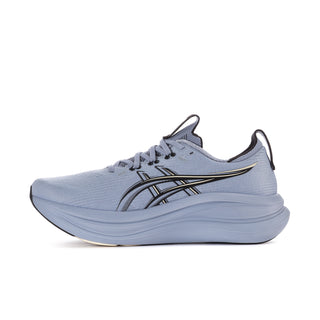 Men's running shoes, angled side view, light blue mesh with black stripe overlays