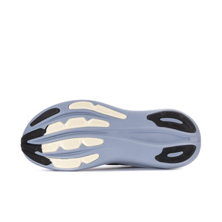 Men's running shoe outsole view, light blue midsole with patterned traction pads
