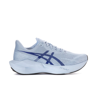 Men's light blue running shoes with navy ASICS stripe logo and lace-up front