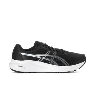 Men's black and white running shoe with mesh upper and Asics logo stripes