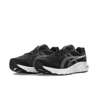 Men's black and white running shoe, angled side view, lace-up with GEL branding
