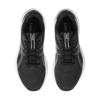 Men's black lace-up running shoes, top view with perforated mesh upper