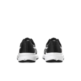 Men's black and white running shoes, rear view with cushioned heel and branding