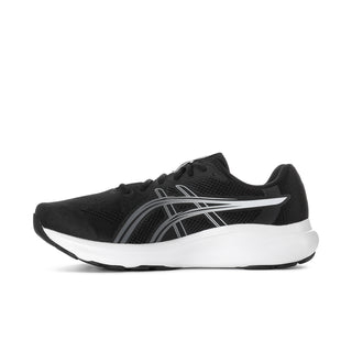 Men's black and white running shoe, front side view with lace-up closure