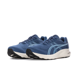 Men's blue mesh lace-up running shoes, side-by-side view, with white midsoles