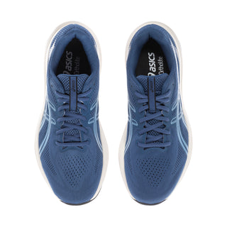 Pair of blue lace-up running shoes with padded collars and white interior lining