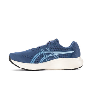 Men's blue mesh lace-up running shoe with Asics logo accents and white sole