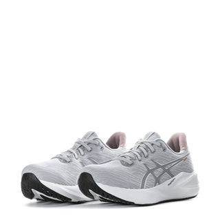 Women's lace-up running shoes, light gray knit with white sole and ASICS logo