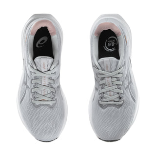 Women's lace-up running shoes, light gray knit upper with gray laces and cushioned tongue