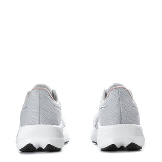 Women's running shoes heel view, light gray upper with white cushioning and black rubber