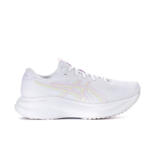 Women's white mesh running shoe with pastel lilac accents and cushioned outsole
