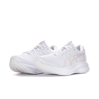 White women’s running sneakers with pastel lilac and rainbow side stripes