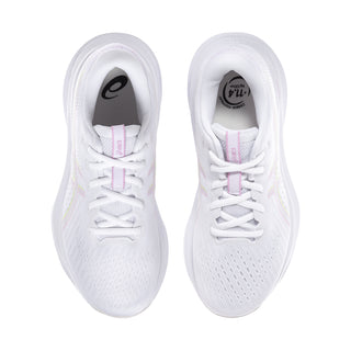 White women’s lace-up running shoes with padded collar and lilac detail