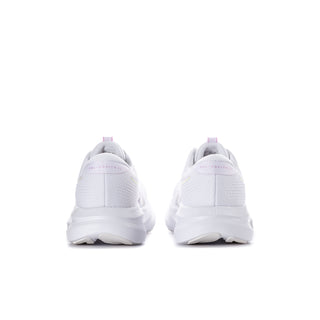 White women’s running shoes showing heel and rear profile with lilac accents