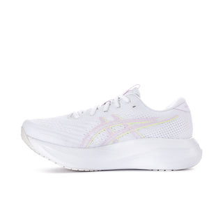 White women’s running sneakers with pastel rainbow logo stripe and lilac trim