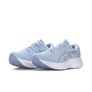 Light blue womens running sneaker, lace-up front view with ASICS side stripe