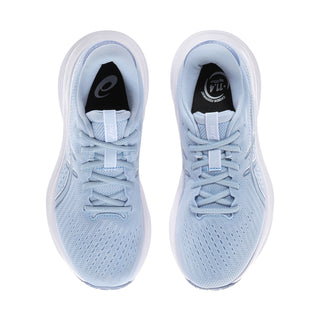 Light blue womens running sneaker pair with padded collars and lace-up tongues