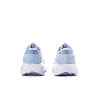 Light blue womens running sneaker heel view with cushioned back and ASICS heel logo