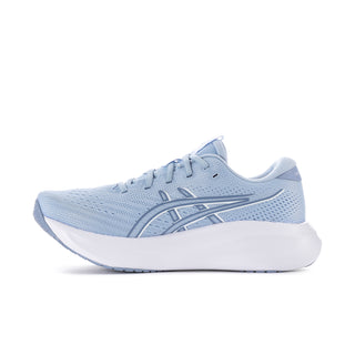 Light blue womens running sneaker side view with ASICS stripe detail