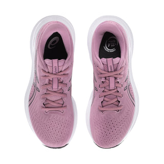 Women's purple running shoe, front laces and interior lining visible, white sole