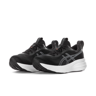 Women’s black/gray running sneakers, lace-up design with white cushioned midsole.