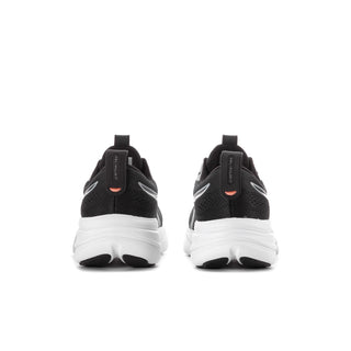 Women’s black running sneakers, rear view with white midsole cushioning.