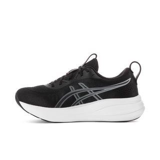 Women’s black lace-up sneaker with ASICS stripe logo and white midsole.