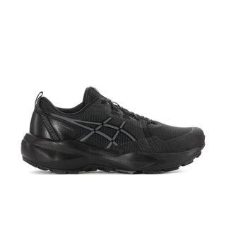 Women's black running shoe with lace-up closure and GEL-style side branding