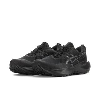 Women's black lace-up running shoes with textured mesh upper and cushioned sole