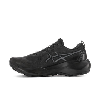 Women's black low-profile running shoe with lace-up top and reflective trim