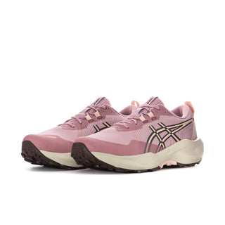 Women’s pink lace-up running shoes with black logo details and cream sole