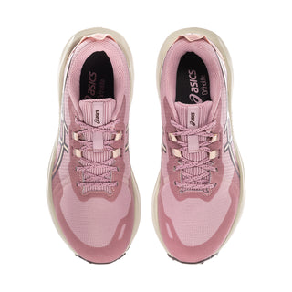 Women’s pink running sneakers, front view pair with laces and cushioned collar