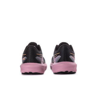 Women’s running shoes heel view with black upper and pink cushioned sole