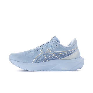 Women's ASICS running shoes, light blue with gold ASICS stripe and toe cap