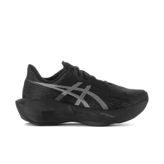 Women's black running shoes, side profile with ASICS logo and textured knit upper.